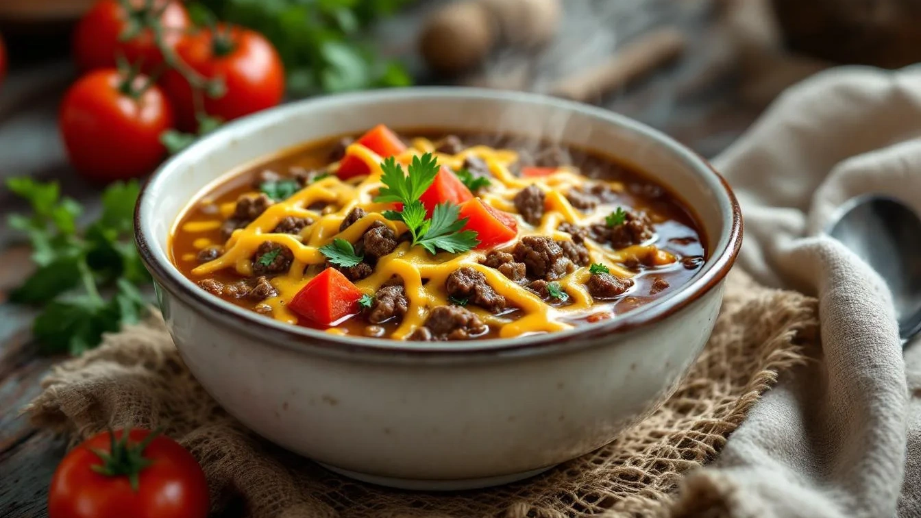 Das einfache Rezept für herzhafte Hackfleisch-Käse-Suppe mit Tomaten